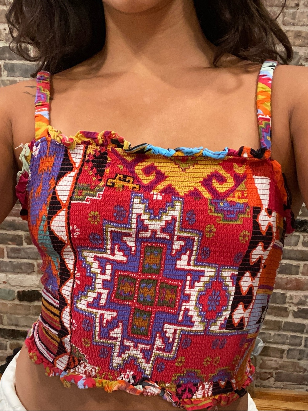 Colorful Mosaic Print Smocked Crop Tank Top - Multicolor